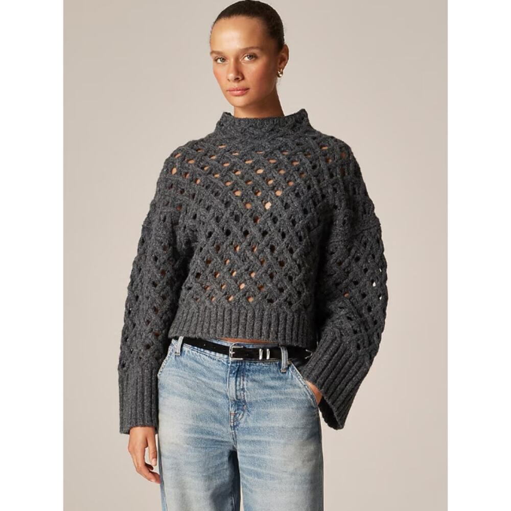 J. Crew Cross Cable Mock Neck Sweater Wool Blend Chunky Open Knit Cozy Gray